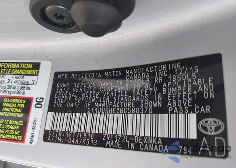 2016 Toyota Corolla Le from USA, damaged, VIN 2T1BURHE2GC580370